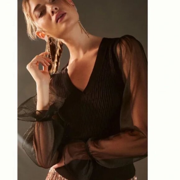 Anthropologie Maeve Twofer Sheer Sleeve Black Sweater S - Picture 2 of 14